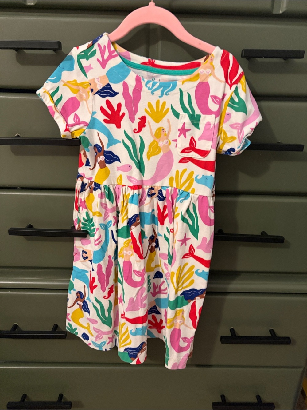 Mini Boden White Cotton Dress with Bright Mermaid Print